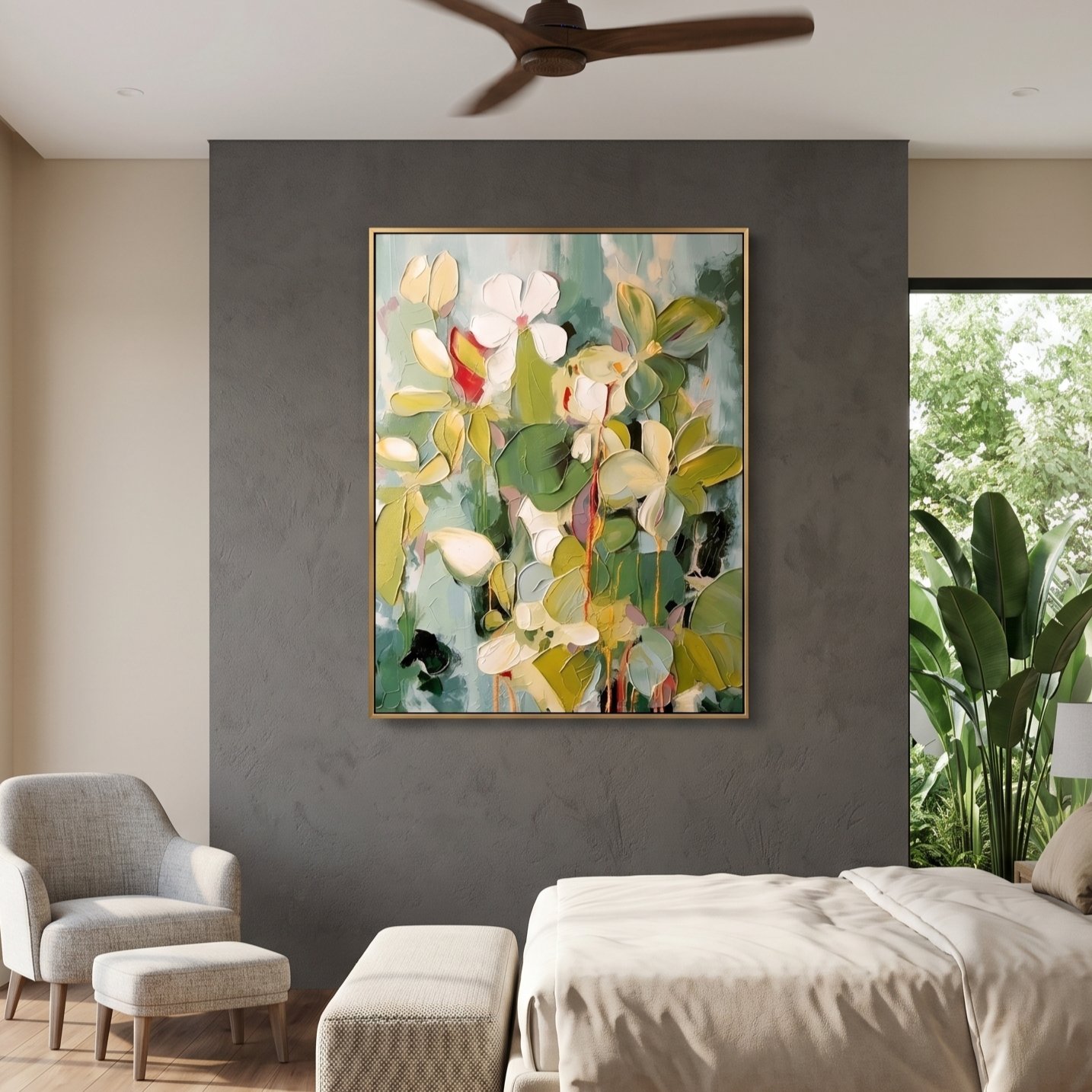 "Creamy Petals" – Sage Green Impasto Floral Oil Painting | Modern Minimalist Textured Bedroom Wall Art#FL312