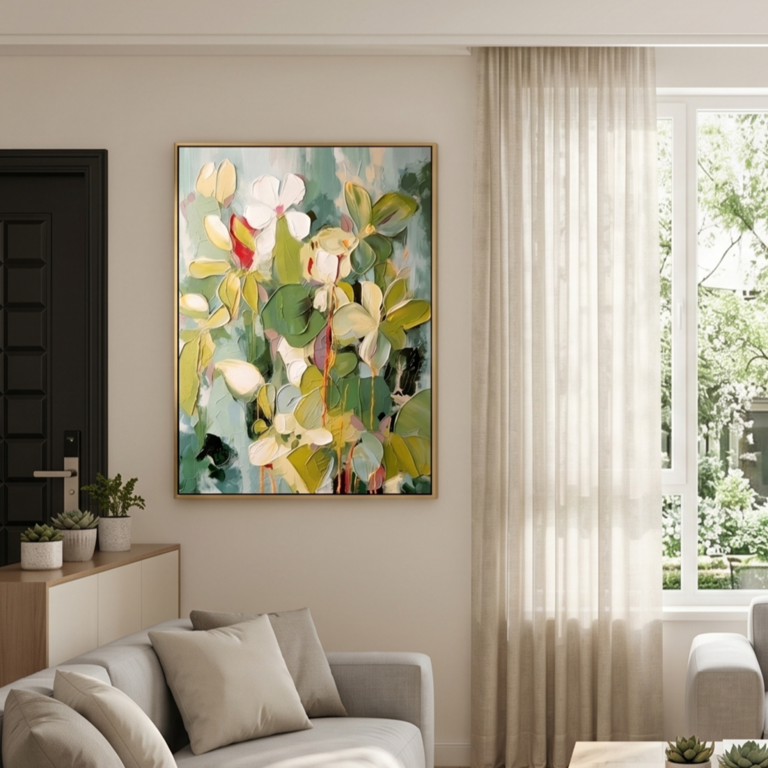 "Creamy Petals" – Sage Green Impasto Floral Oil Painting | Modern Minimalist Textured Bedroom Wall Art#FL312