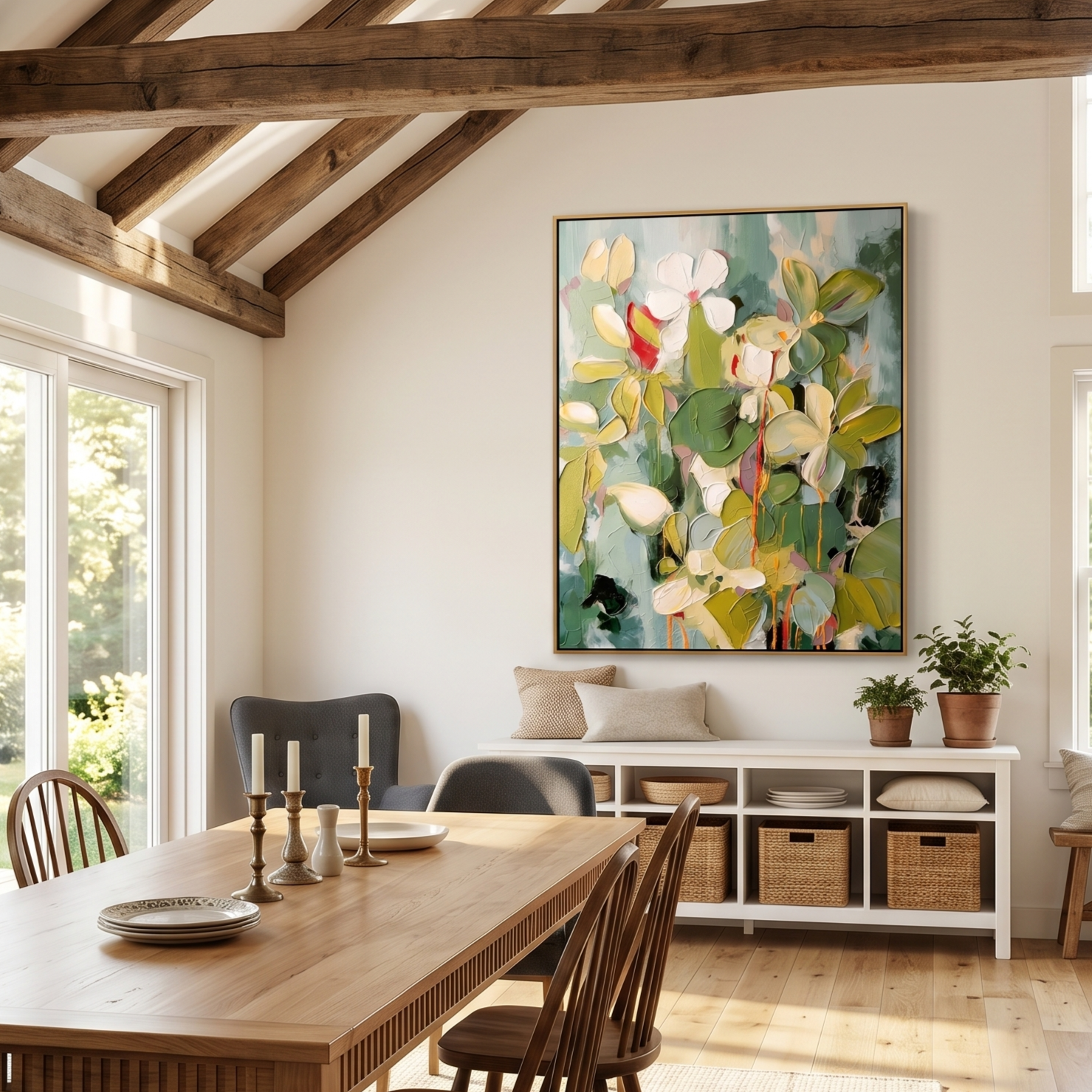 "Creamy Petals" – Sage Green Impasto Floral Oil Painting | Modern Minimalist Textured Bedroom Wall Art#FL312