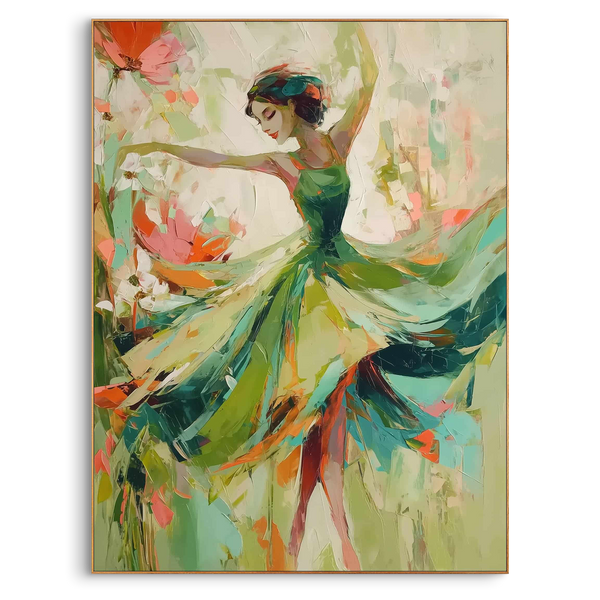 "Emerald Rhythm" – Modern Expressive Dancer Oil Painting | Sage Green & Floral Palette Textured Wall Art #PE461