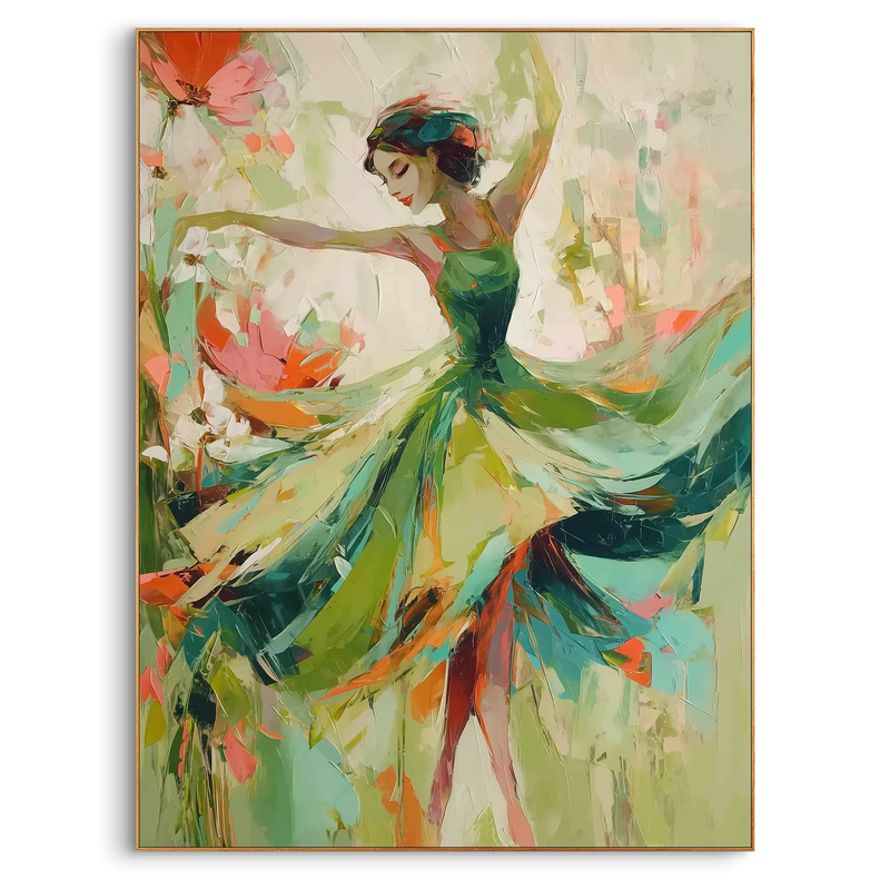 "Emerald Rhythm" – Modern Expressive Dancer Oil Painting | Sage Green & Floral Palette Textured Wall Art #PE461