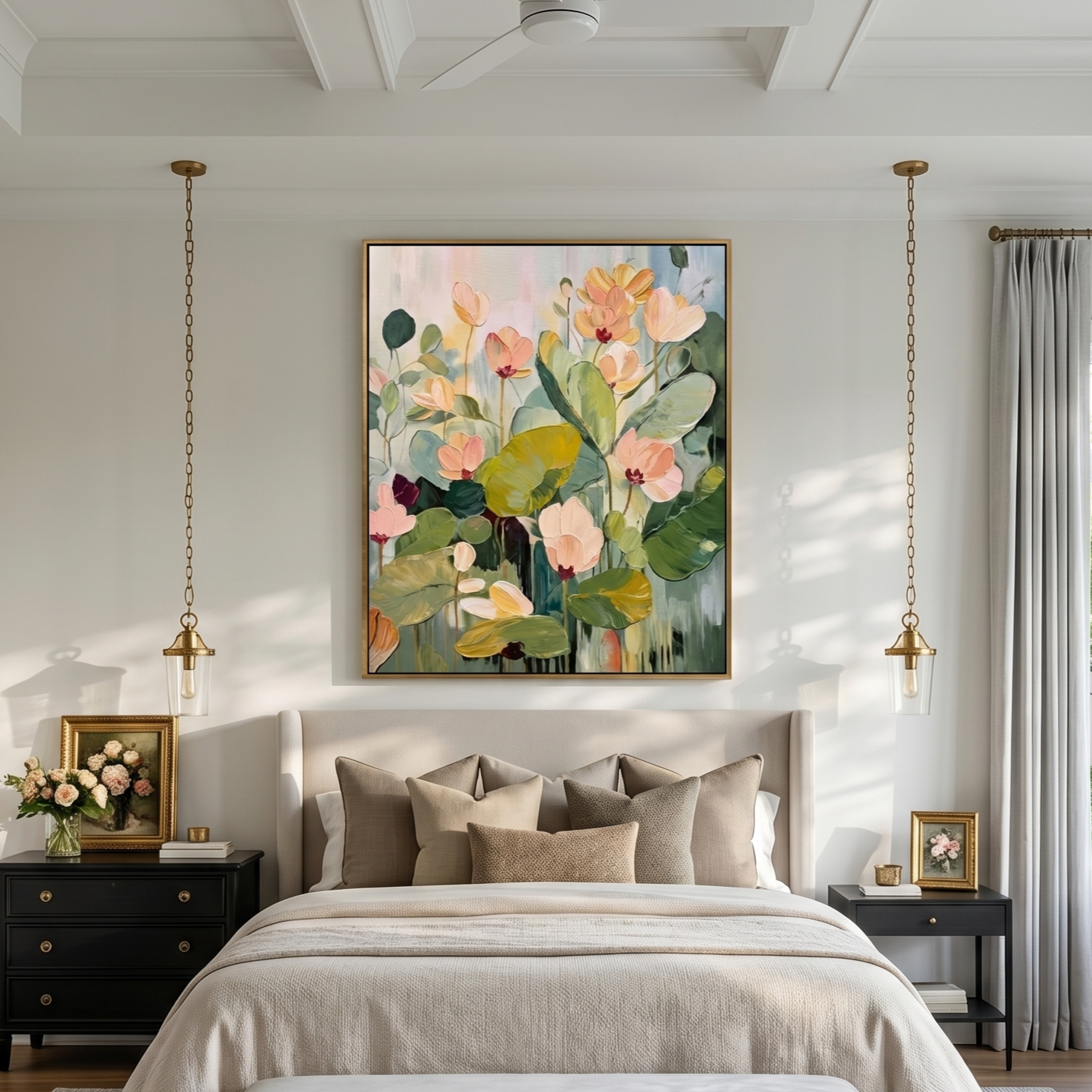 "Ethereal Growth" – Sage Green Impasto Floral Oil Painting | Modern Cream Style Textured Wall Art #FL293