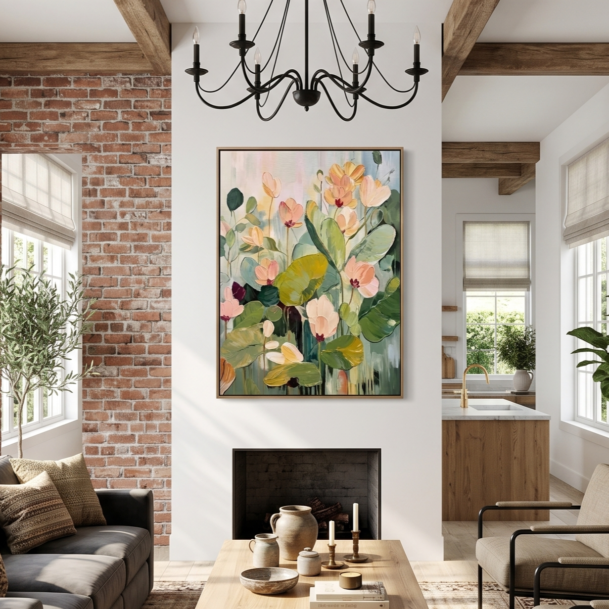 "Ethereal Growth" – Sage Green Impasto Floral Oil Painting | Modern Cream Style Textured Wall Art #FL293