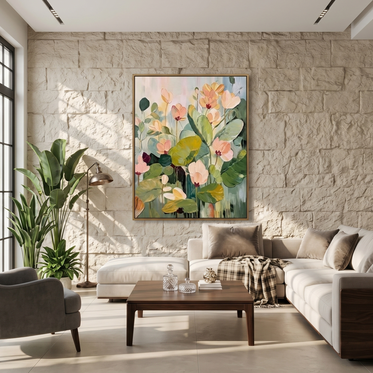 "Ethereal Growth" – Sage Green Impasto Floral Oil Painting | Modern Cream Style Textured Wall Art #FL293