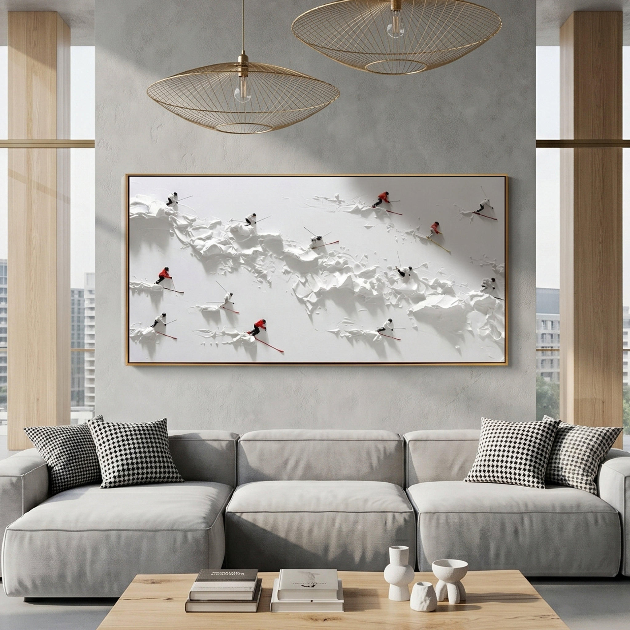 "The Alpine Rush" – Modern 3D Heavy Impasto Skiing Abstract | Minimalist White Relief Statement Art #PT 545