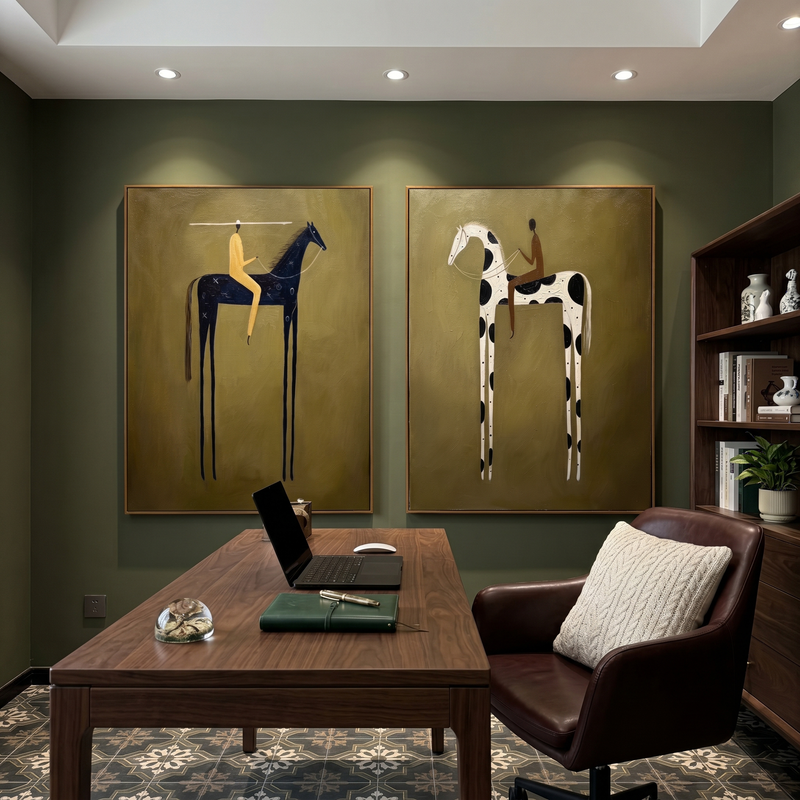 "Twin Riders' Journey" – Modern Heavy Impasto Figurative Set | 3D Olive & Contrast Palette Knife Paintings | Luxury Vertical Diptych Wall Art #AB 495