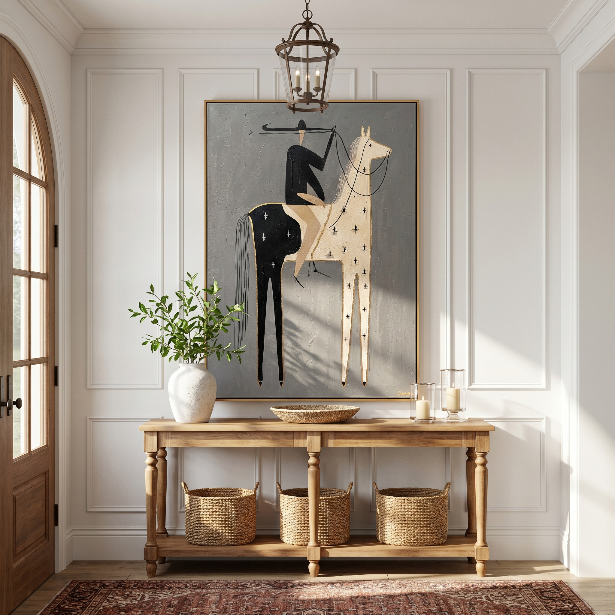 "Gilded Split-Hide Cowboy" – Modern Heavy Impasto Minimal Western Figurative | 3D Ash Gray & Ivory Black with Gold Trim Palette Knife Painting | Luxury Vertical Wall Art #AB 511