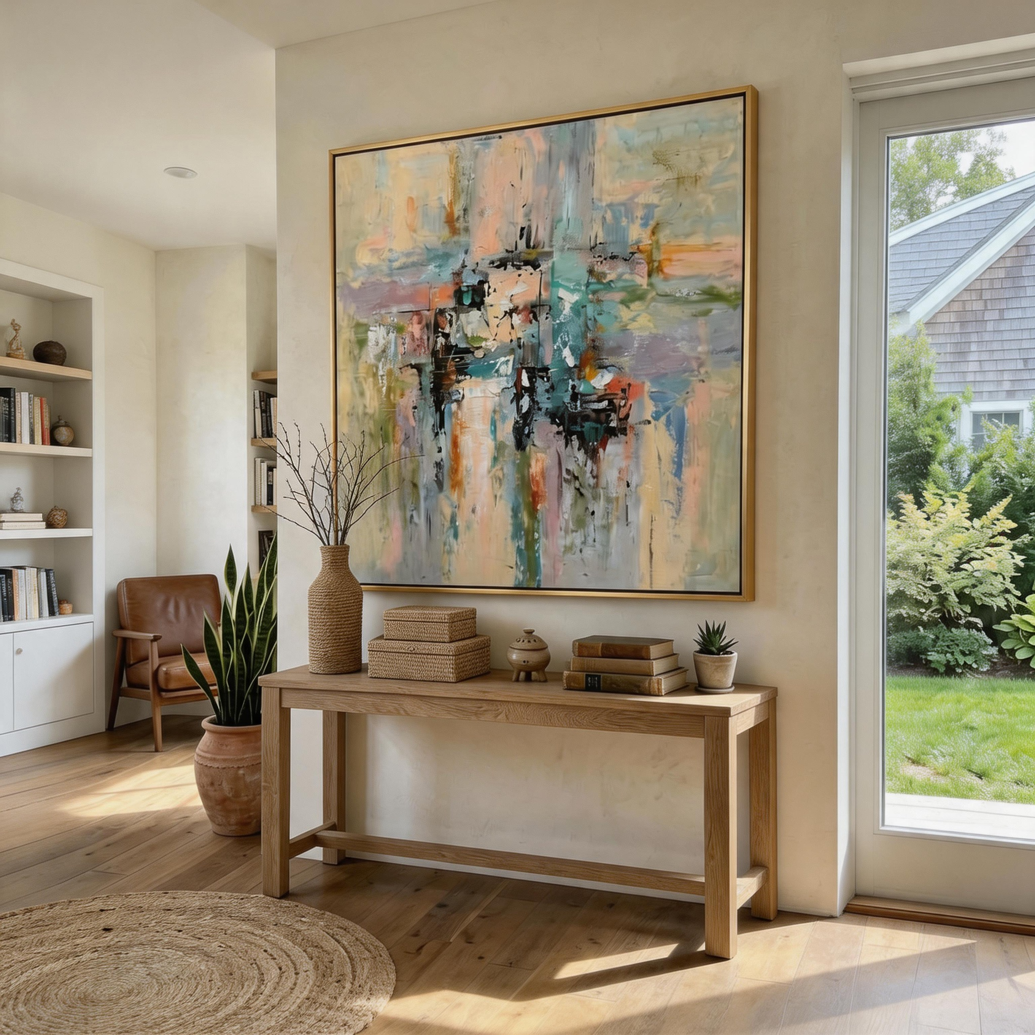 "Urban Reflection" – Modern Impressionist Waterfront Abstract | Serene Sage Green & Pastel Textured Gallery Art#AB1011