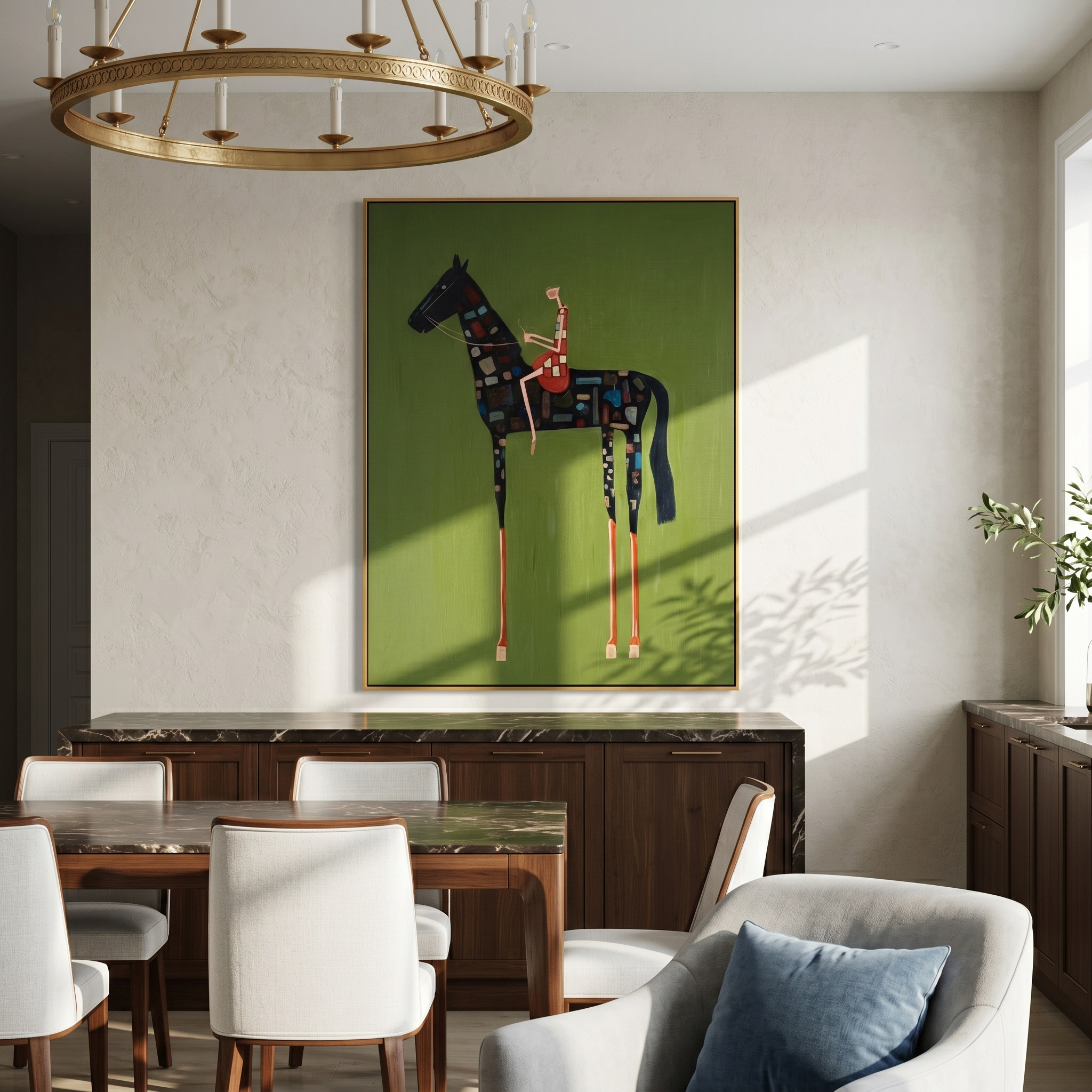 "Mosaic Patchwork Equestrian" – Modern Heavy Impasto Folk Figurative | 3D Moss Green & Multicolored Mosaic Palette Knife Painting | Luxury Square Wall Art #AB 512