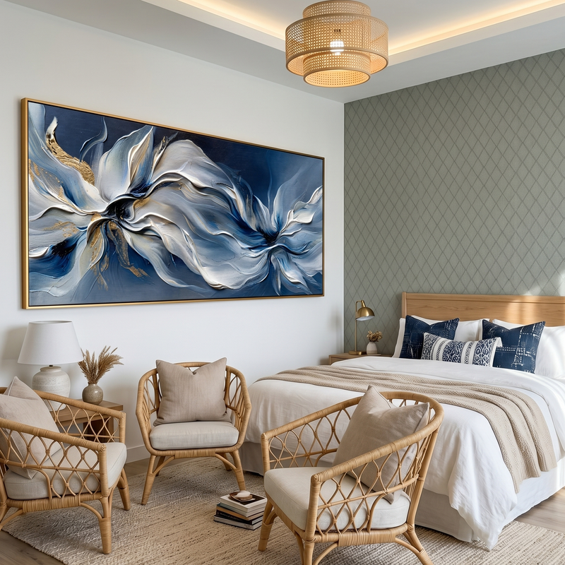 "Ethereal Blue Florals" – Expressive Impasto Abstract Artwork | Tactile Blue & Gold Flower Wave | Luxury Statement Horizontal Wall Art #PT 553
