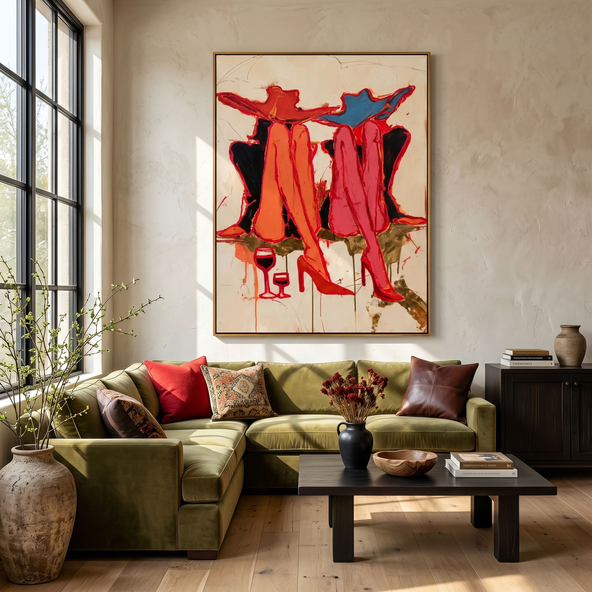 "Cowgirls’ Wine Hour" – Modern Heavy Impasto Abstract Figurative Art | 3D Crimson & Indigo Palette Knife Painting | Luxury Vertical Wall Art #PE 520