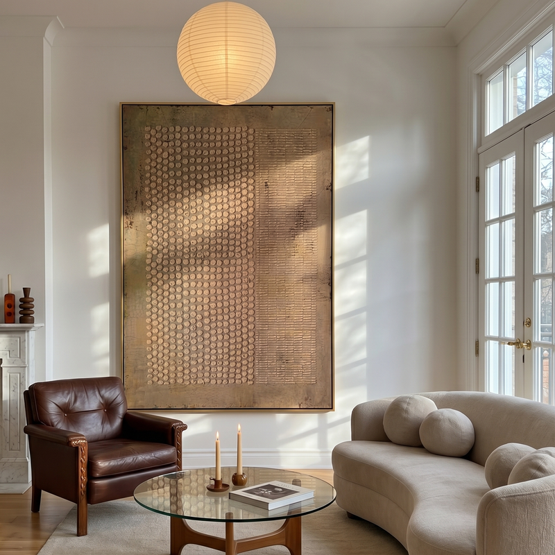 "Dots & Lines Neutral Relief" – Modern Heavy Impasto Abstract Art | 3D Taupe & Beige Palette Knife Painting | Luxury Vertical Wall Art #WS 254