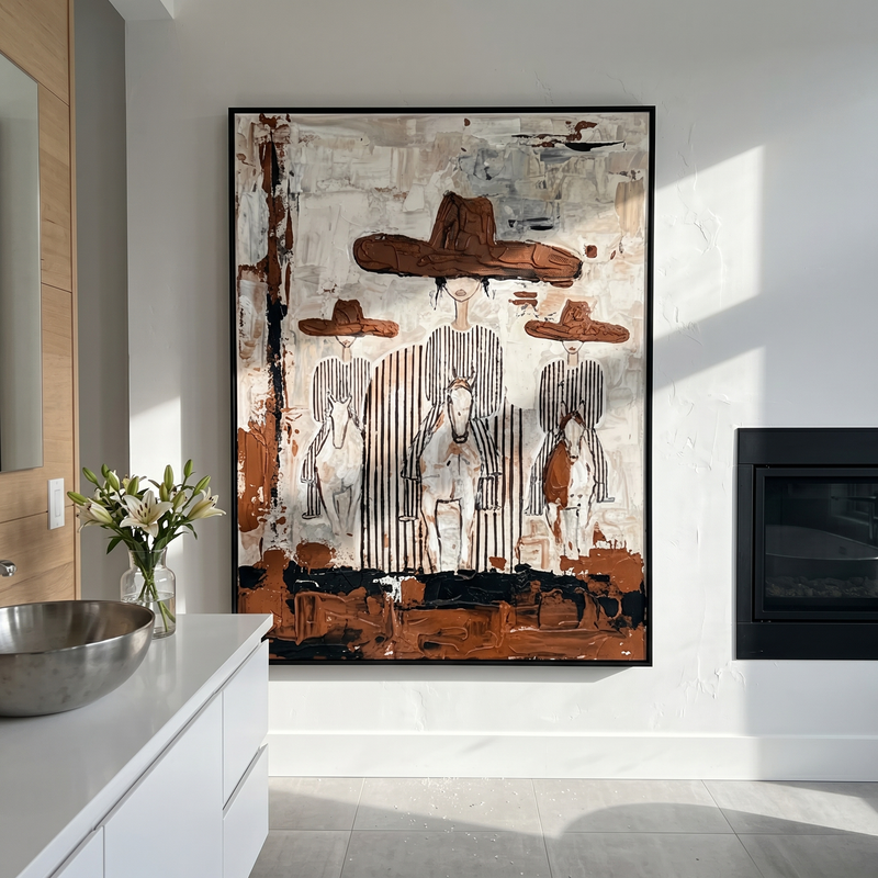 "Three Riders" – Modern Heavy Impasto Western Art | 3D Rust & Ivory Palette Knife Painting | Luxury Vertical Wall Art #PE 509