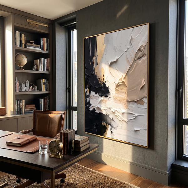 "Noir & Gold Fusion" – Modern Heavy Impasto Abstract | 3D Black, Beige & Gold Palette Knife Painting | Luxury Vertical Wall Art #PT 550