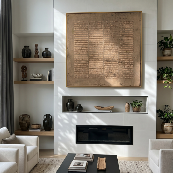 "Ancient Script Relief" – Modern Heavy Impasto Abstract Art | 3D Bronze & Beige Textured Palette Knife Painting | Luxury Square Wall Art #WS 246