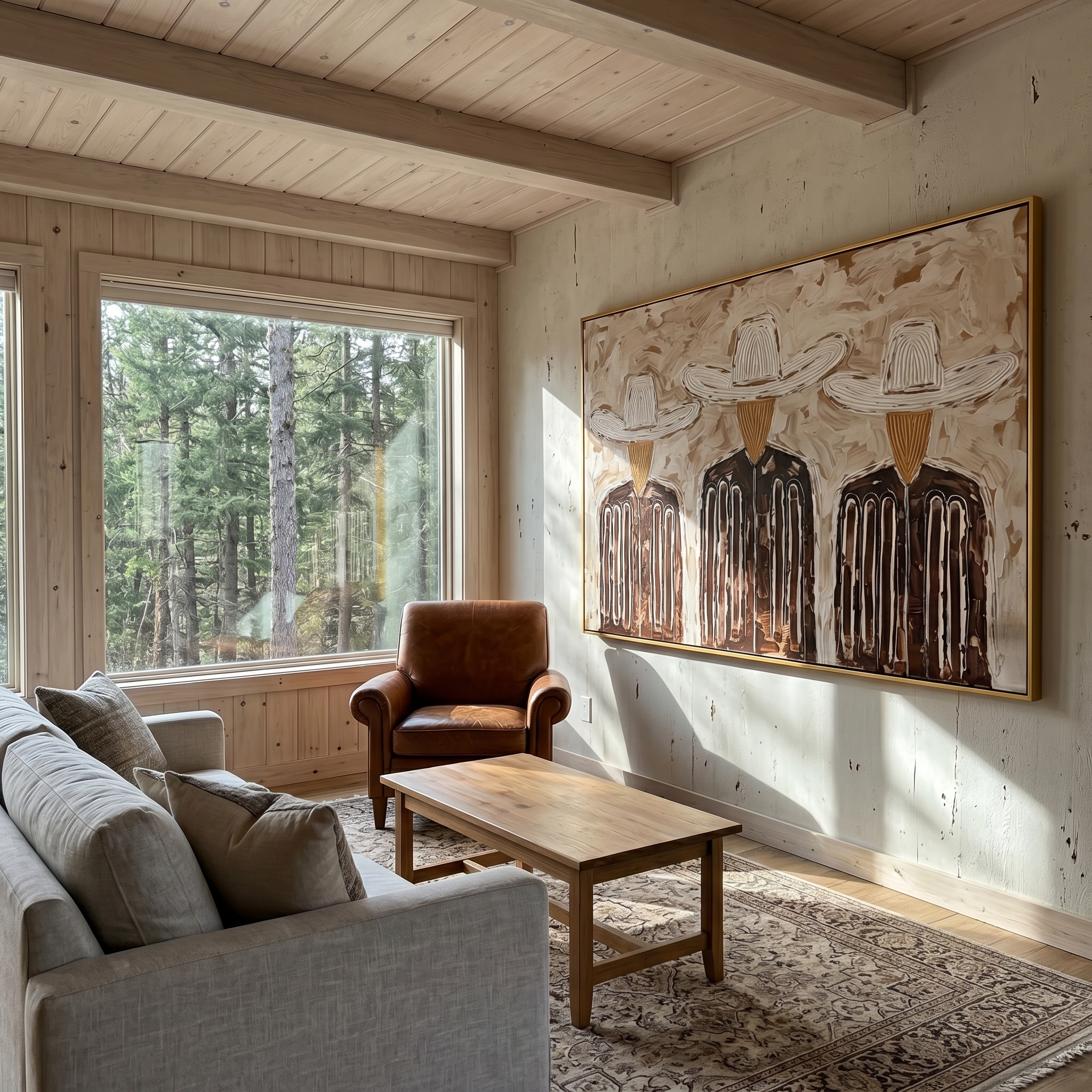 "Three Linear Ranch Cowboys" – Modern Heavy Impasto Minimal Western Figurative | 3D Warm Taupe & Coffee Brown Palette Knife Painting | Luxury Horizontal Wall Art #PE 525