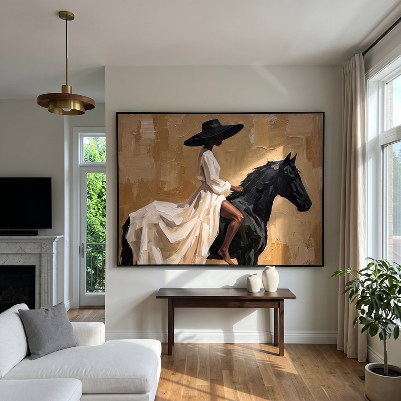 "Elegant Noir Equestrienne" – Modern Heavy Impasto Contemporary Figurative | 3D Warm Sand & Jet Black Palette Knife Painting | Luxury Horizontal Wall Art #PT 562