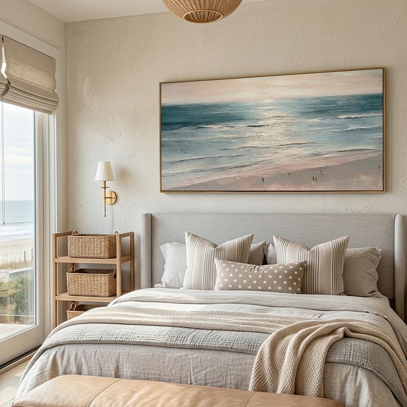 "The Infinite Blue" – Panoramic Healing Seascape Oil Painting | Modern Minimalist Coastal Living Room Art #BE066