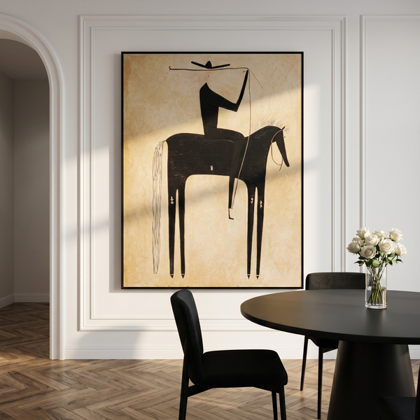 "The Minimalist Cowboy" – Modern Folk Impasto Western Art | 3D Noir & Sepia Palette Knife Painting | Luxury Vertical Wall Art #AB 501