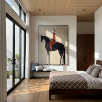 Minimalist Crimson Equestrian" – Modern Heavy Impasto Figurative Art | 3D Ash Grey & Burgundy Palette Knife Painting | Luxury Vertical Wall Art #AB 509