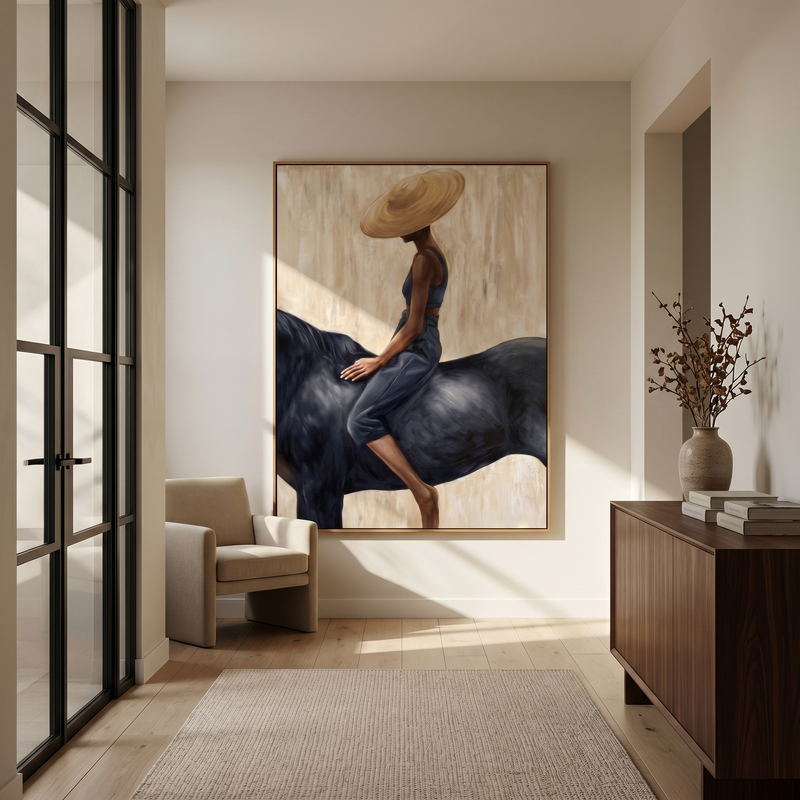 "Straw Hat & Midnight Horse" – Stylized Impasto Portrait | Neutral Tones Textured Wall Decor | Contemporary Vertical Statement Piece #PT 555