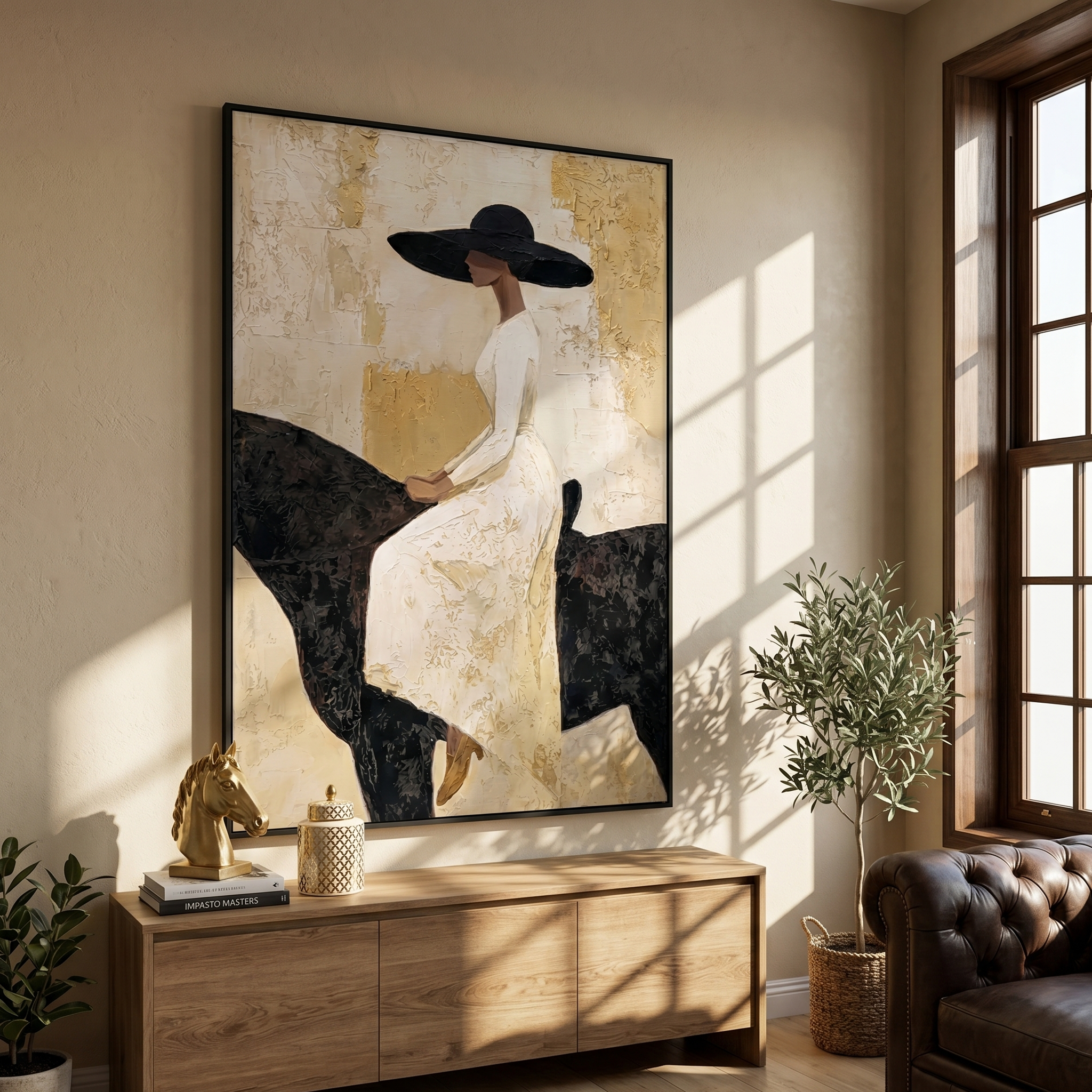 "Equestrian Elegance" – Modern Heavy Impasto Figurative Art | 3D Ivory & Gold Leaf Palette Knife Painting | Luxury Vertical Wall Art #PE 515