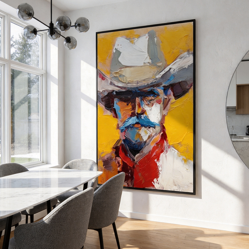 "Vibrant Western Icon" – Abstract Impasto Cowboy Artwork | Bold Tones Expressive Wall Decor | Contemporary Vertical Statement Piece #PE 511
