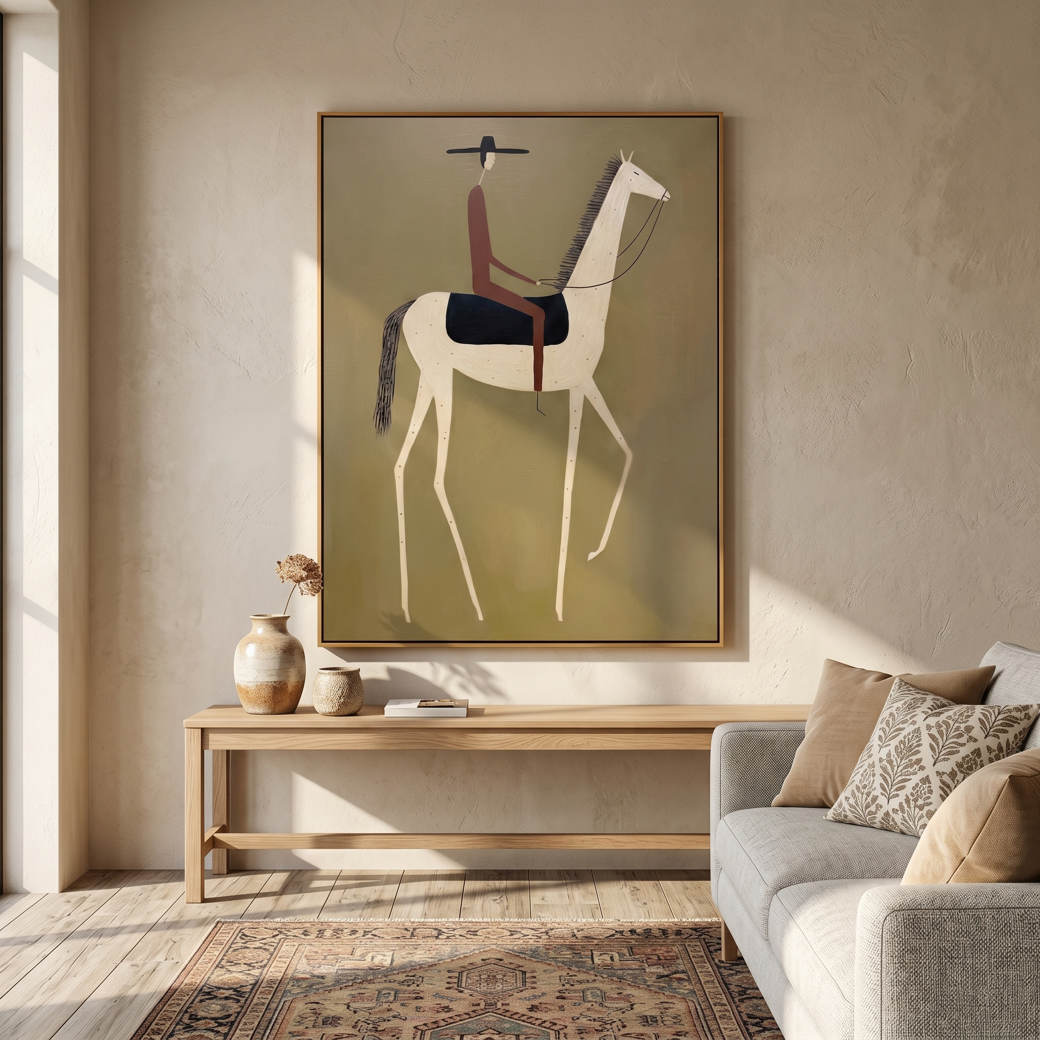 "Minimal Wandering Cowboy" – Modern Heavy Impasto Western Figurative | 3D Olive Sage & Russet Brown Palette Knife Painting | Luxury Vertical Wall Art #AB 508