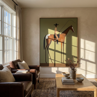 "Solo Pasture Cowboy" – Modern Heavy Impasto Minimal Western Figurative | 3D Moss Olive & Chestnut Palette Knife Painting | Luxury Vertical Wall Art #PT 507