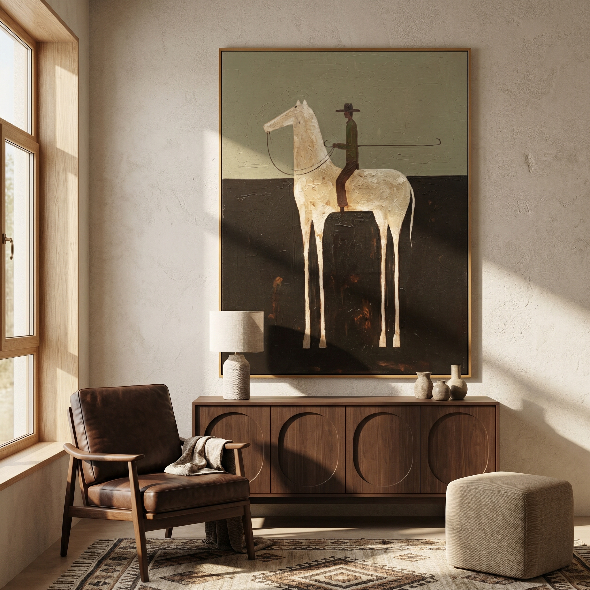 "Cowboy on the White Steed" – Stylized Minimalist Impasto Artwork | Earthy Tones Textured Wall Decor | Contemporary Vertical Statement Piece #AB 500