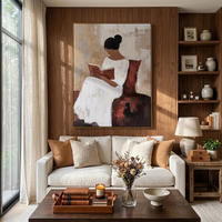 "Serene Reader's Moment" – Textured Abstract Portrait Art | Beige, White & Deep Red Woman with Book Painting | Contemporary Wall Decor #PE 500