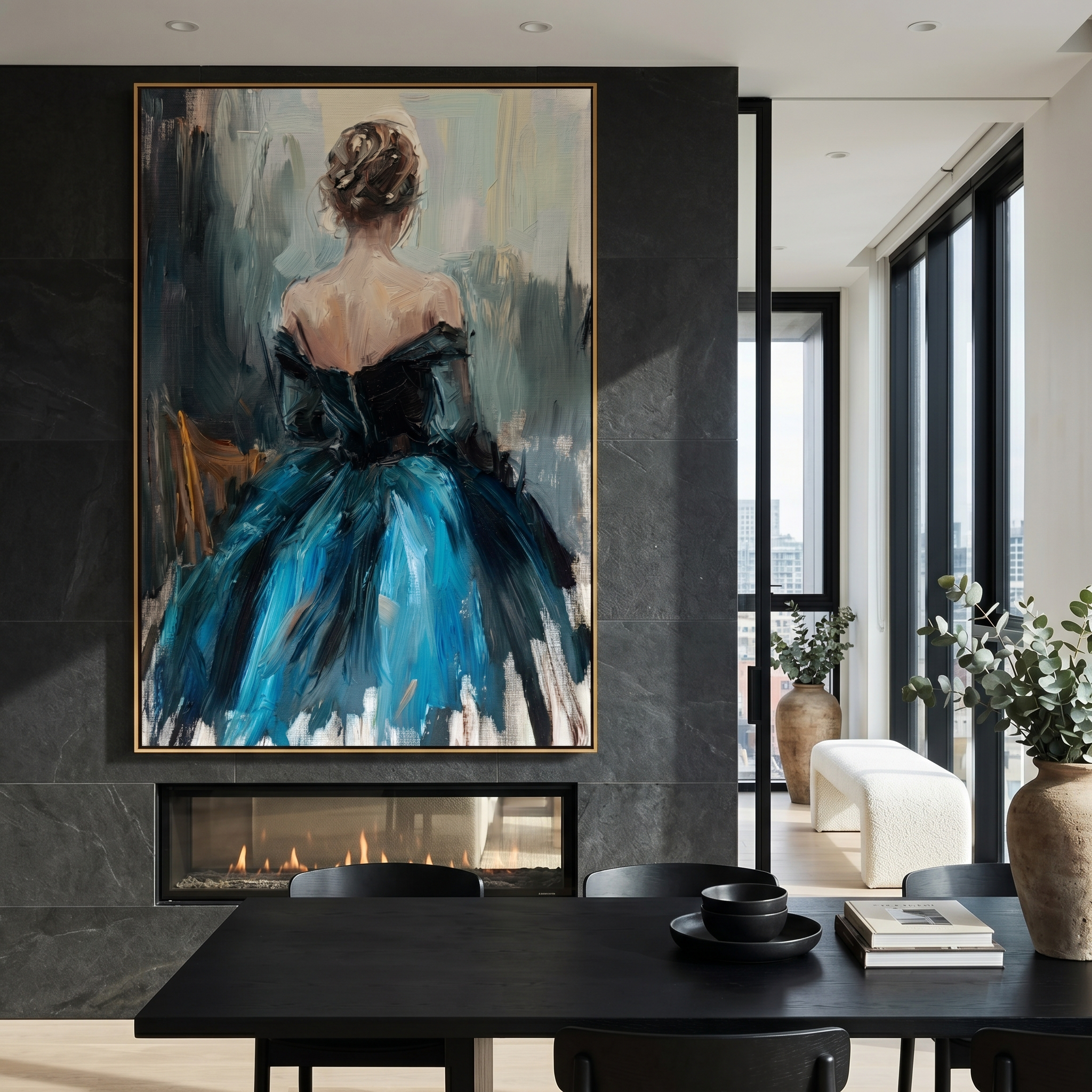 "The Blue Ballerina" – Modern Heavy Impasto Figurative Art | 3D Teal & Black Palette Knife Painting | Luxury Vertical Wall Art #PE 501