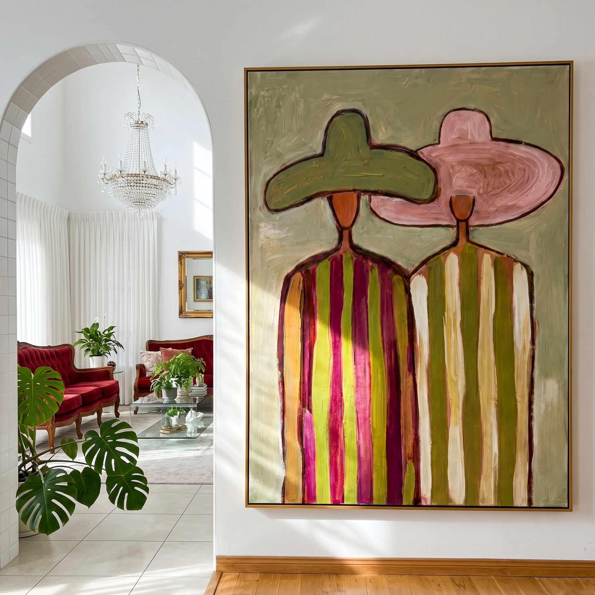 "The Striped Pair" – Modern Heavy Impasto Abstract Portrait | 3D Sage & Blush Palette Knife Painting | Luxury Vertical Wall Art #PE 514