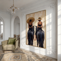 "Two Riders at Dawn" – Modern Heavy Impasto Figurative Art | 3D Raffia & Noir Palette Knife Painting | Luxury Vertical Wall Art #PT 556