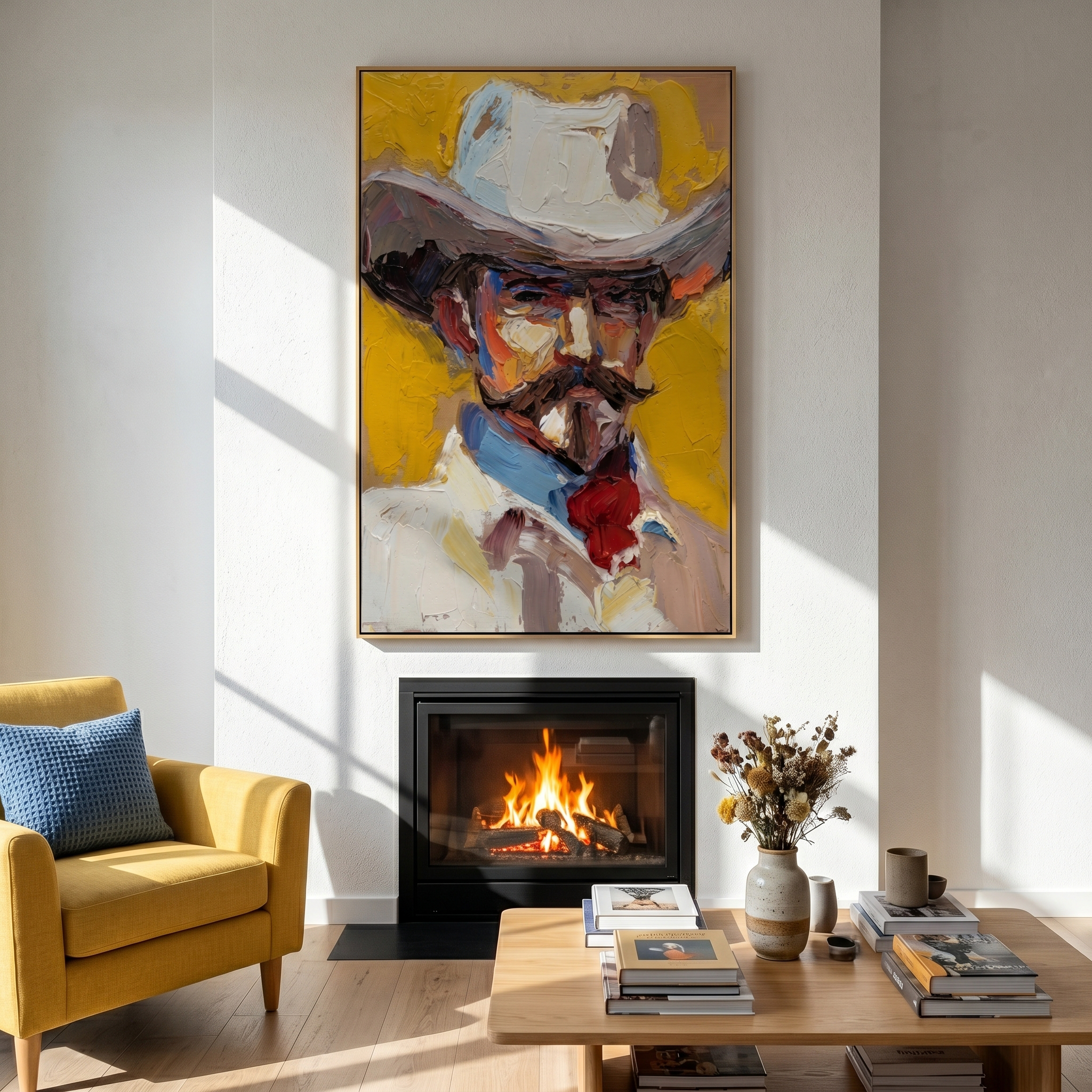 "Sunlit Cowboy Portrait" – Modern Heavy Impasto Western Art | 3D Marigold & Crimson Palette Knife Painting | Luxury Vertical Wall Art #PE 522