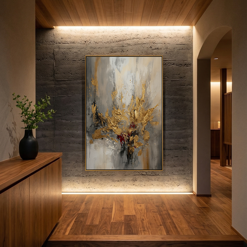 "Golden Awakening" – Luxury 3D Heavy Impasto Gold Leaf Abstract | Modern Smokey Gray Statement Art for Mansion #AB952