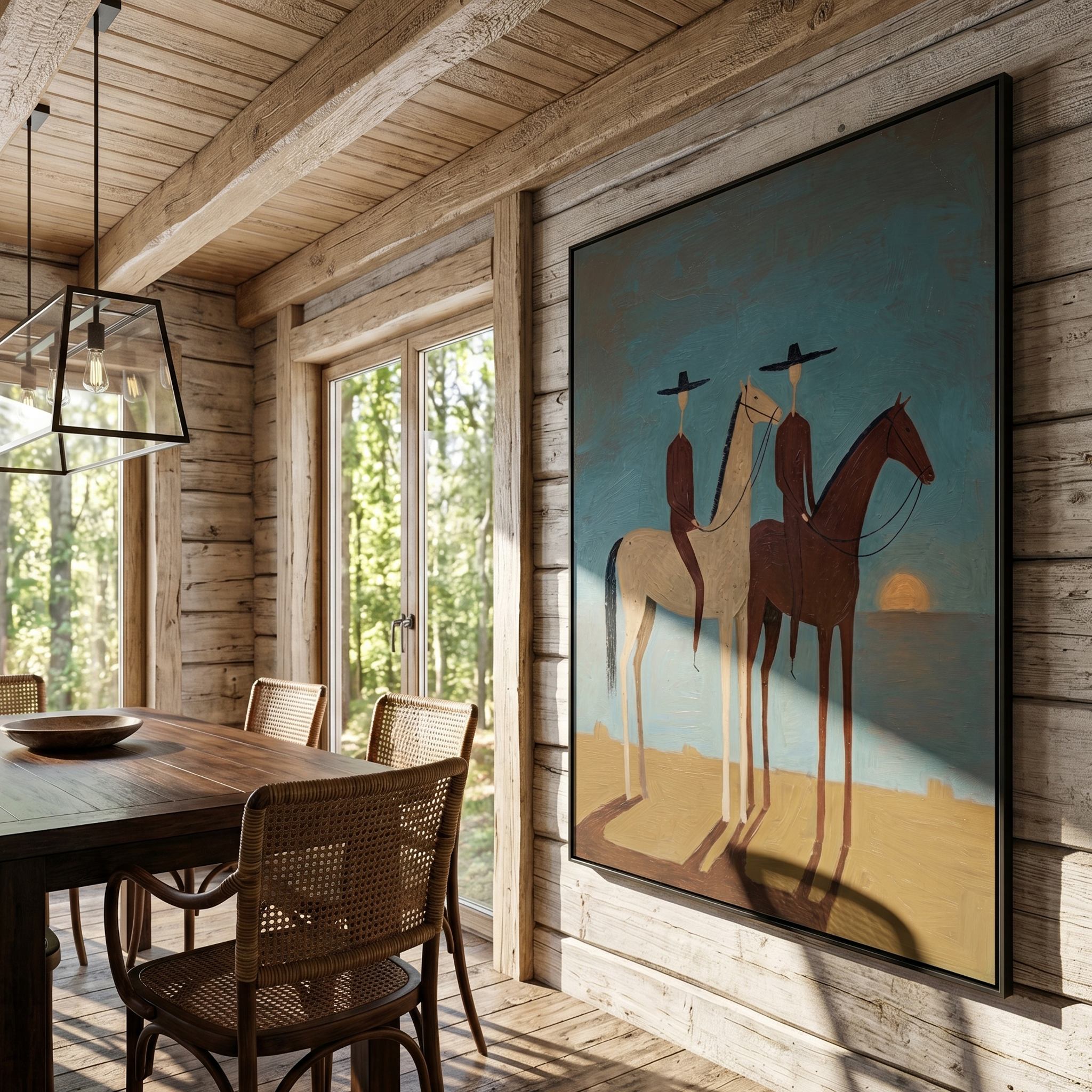 "Dusk Companions" – Modern Minimalist Impasto Western Art | 3D Teal & Sepia Palette Knife Painting | Luxury Vertical Wall Art #AB 503