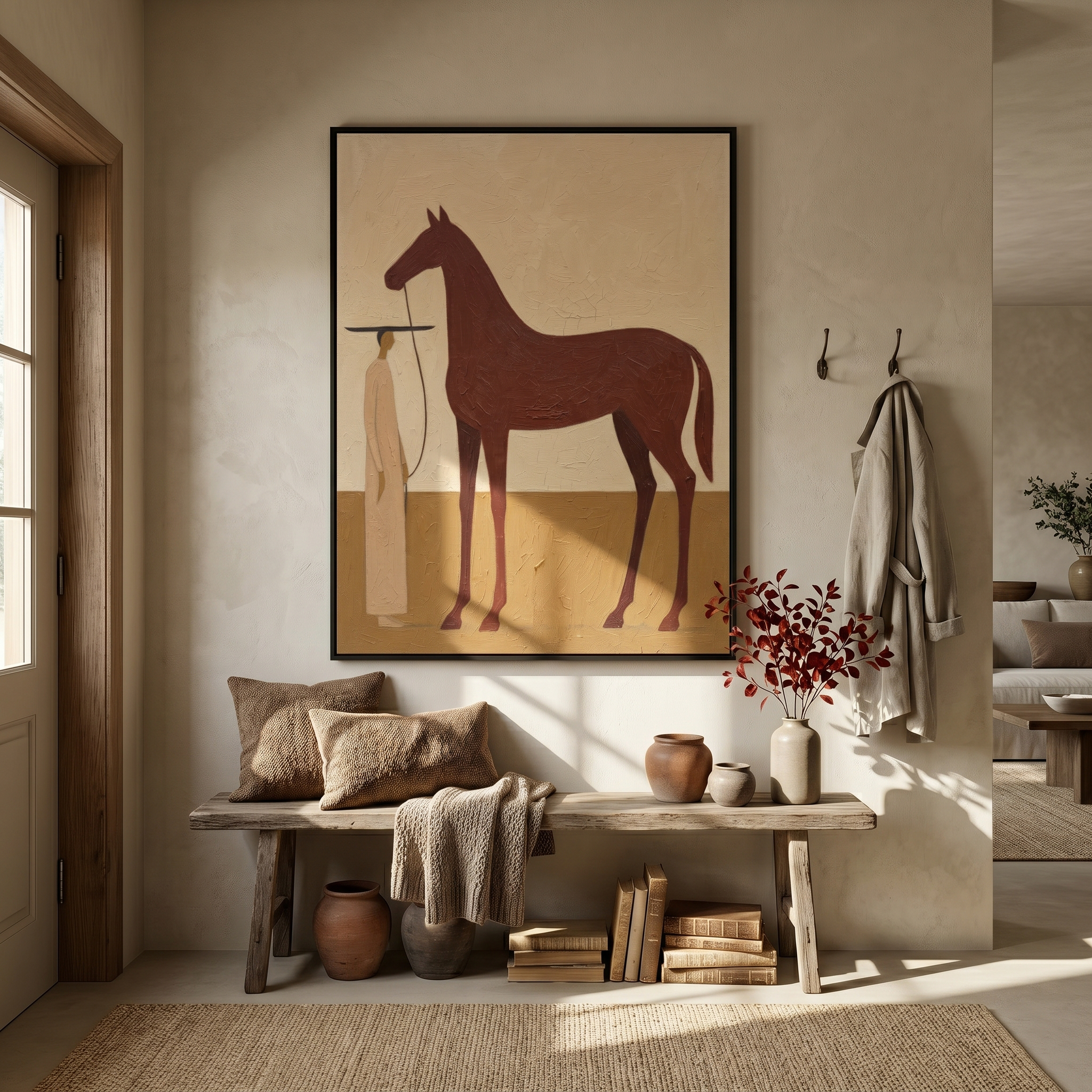 "Calm Equine Keeper" – Modern Heavy Impasto Minimal Western Figurative | 3D Warm Russet & Sand Beige Palette Knife Painting | Luxury Vertical Wall Art #AB 514