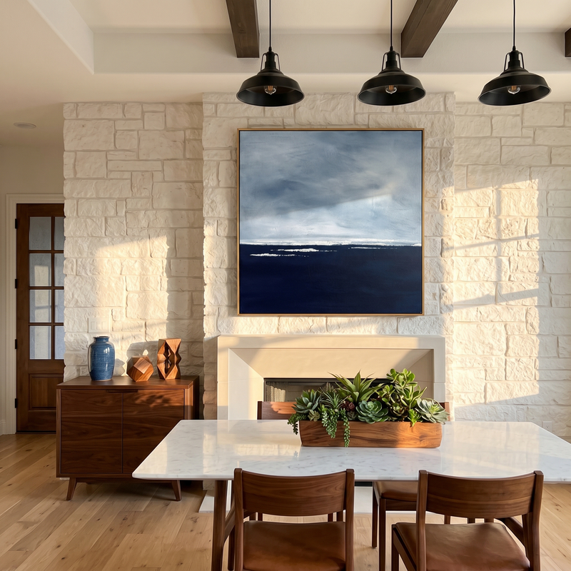 "Still Horizon" – Modern Heavy Impasto Seascape | Calm Blue & White Palette Knife Painting | Luxury Square Wall Art #PT 551