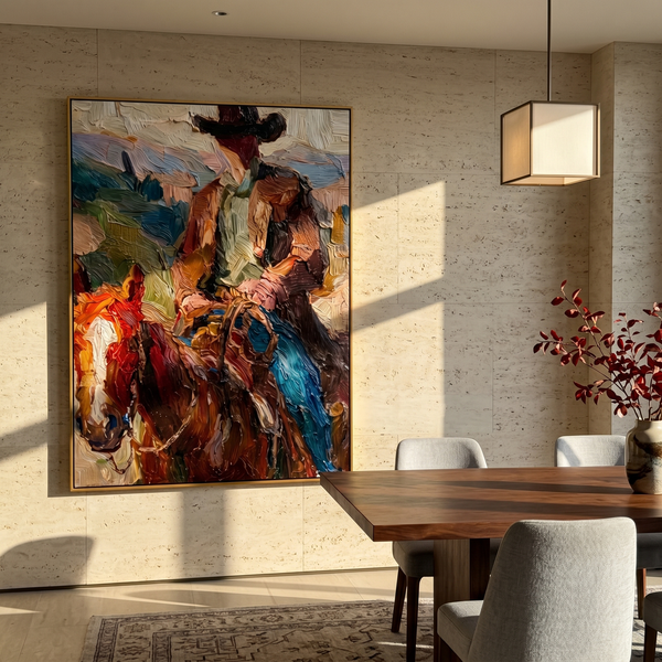 "Palette Knife Cowboy" – Textured Impasto Equestrian Artwork | Bold Tones Expressive Wall Decor | Contemporary Vertical Statement Piece #PT 557
