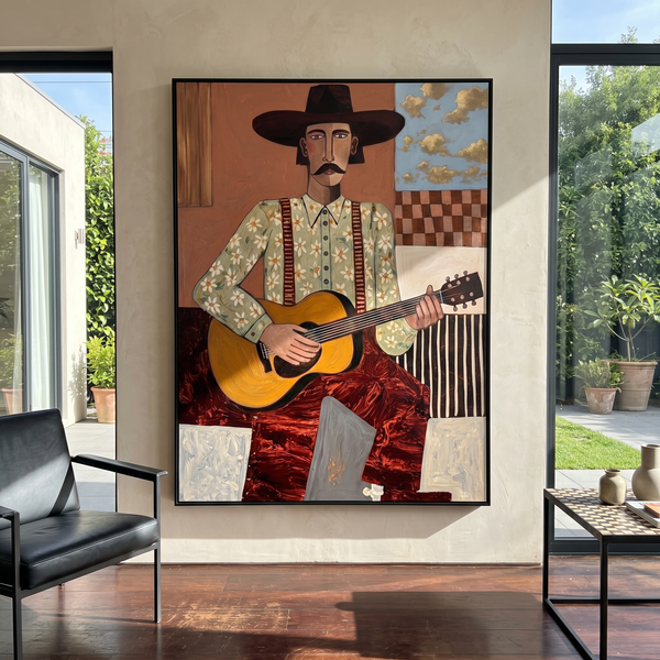 "The Western Guitarist" – Modern Folk Impasto Portrait | 3D Terracotta & Gold Palette Knife Painting | Luxury Vertical Wall Art #PE 506
