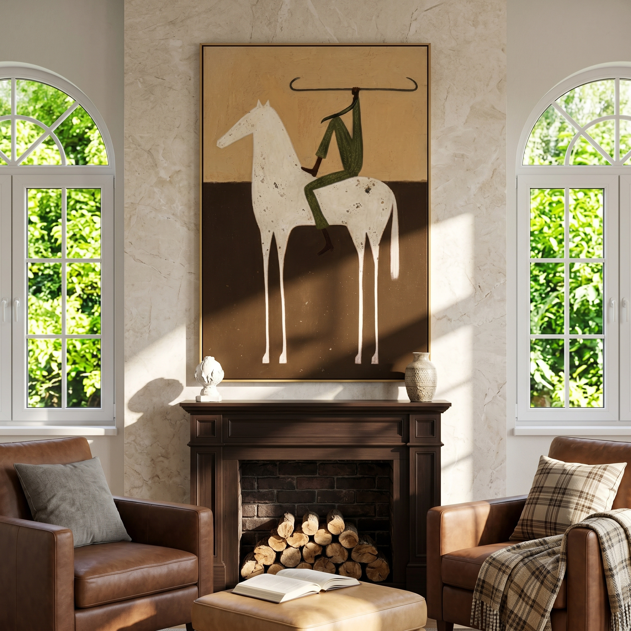 "Minimalist Speckled Steed Rider" – Modern Heavy Impasto Figurative Art | 3D Ochre & Forest Green Palette Knife Painting | Luxury Vertical Wall Art #AB 505