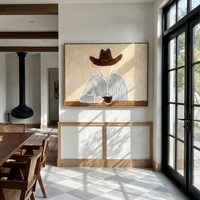 "Cowboy’s Quiet Coffee Break" – Modern Heavy Impasto Minimal Western Figurative | 3D Warm Cream & Slate Blue Palette Knife Painting | Luxury Horizontal Wall Art #PE 523