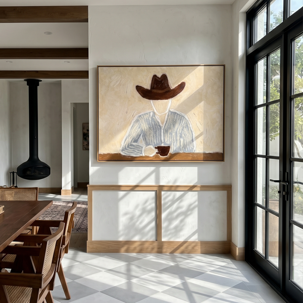 "Cowboy’s Quiet Coffee Break" – Modern Heavy Impasto Minimal Western Figurative | 3D Warm Cream & Slate Blue Palette Knife Painting | Luxury Horizontal Wall Art #PE 523