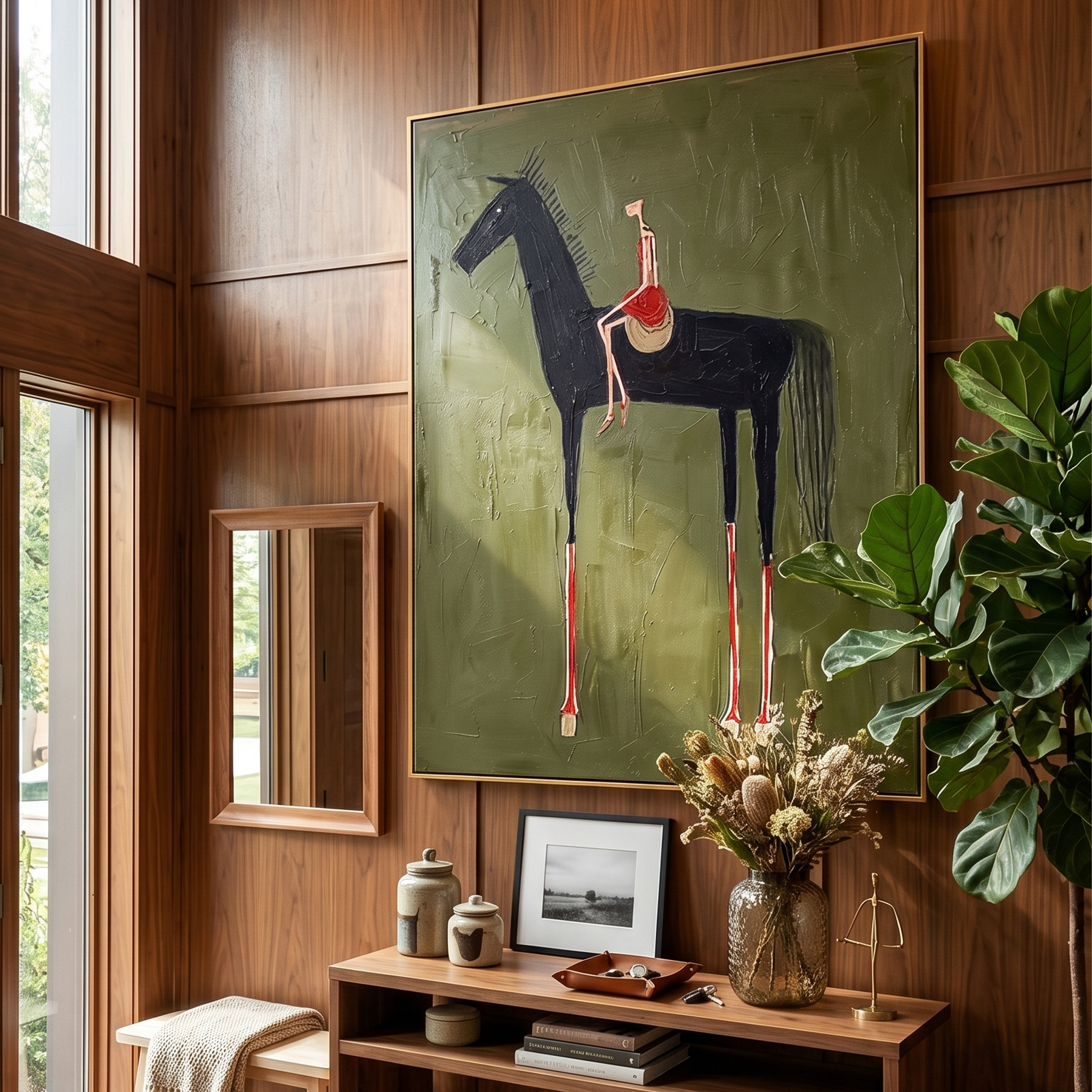 "Ride in Crimson" – Modern Heavy Impasto Figurative Art | Abstract Woman on Black Horse Painting | Bold Vertical Wall Art #AB493