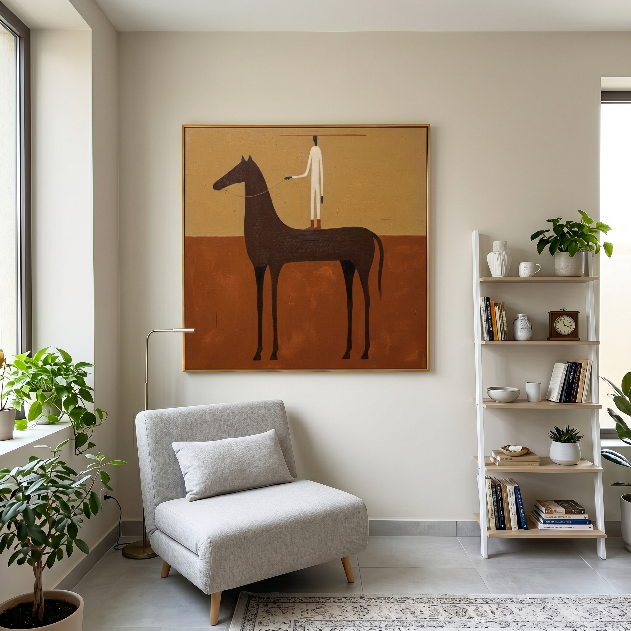 "Minimalist Equine Handler" – Modern Heavy Impasto Abstract Western Figurative | 3D Ochre & Umber Brown Palette Knife Painting | Luxury Square Wall Art #AB 517