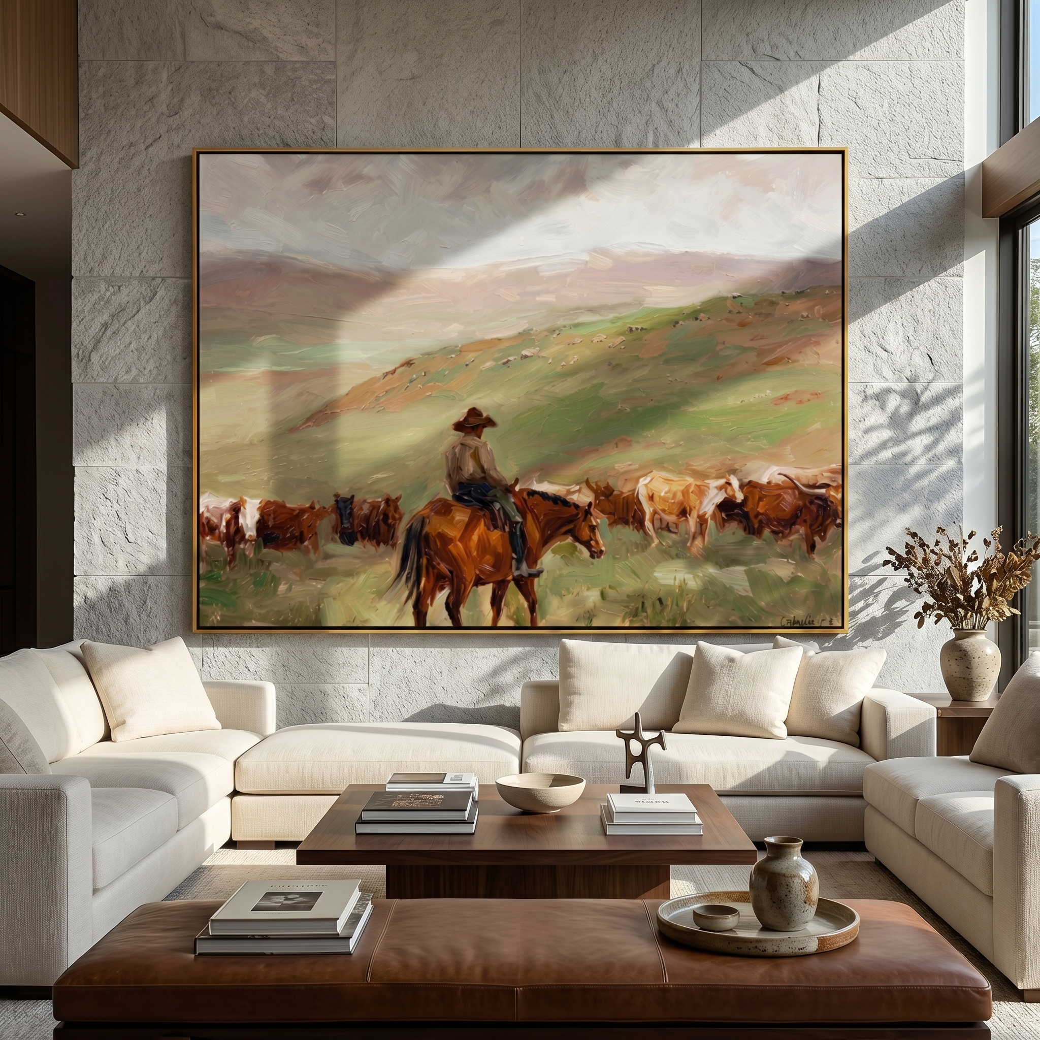 "Pasture Cattle Herder" – Modern Heavy Impasto Western Landscape Figurative | 3D Prairie Green & Rust Terracotta Palette Knife Painting | Luxury Horizontal Wall Art #PT 561