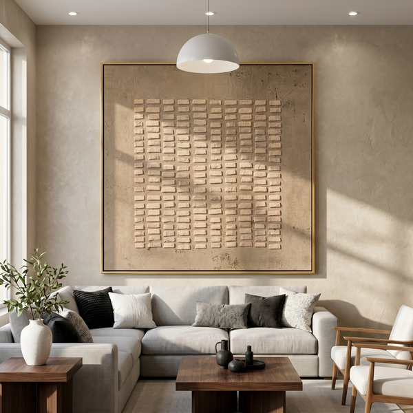 "Brick Relief Neutral Abstract" – Modern Heavy Impasto Art | 3D Taupe & Beige Textured Palette Knife Painting | Luxury Square Wall Art #WS 244