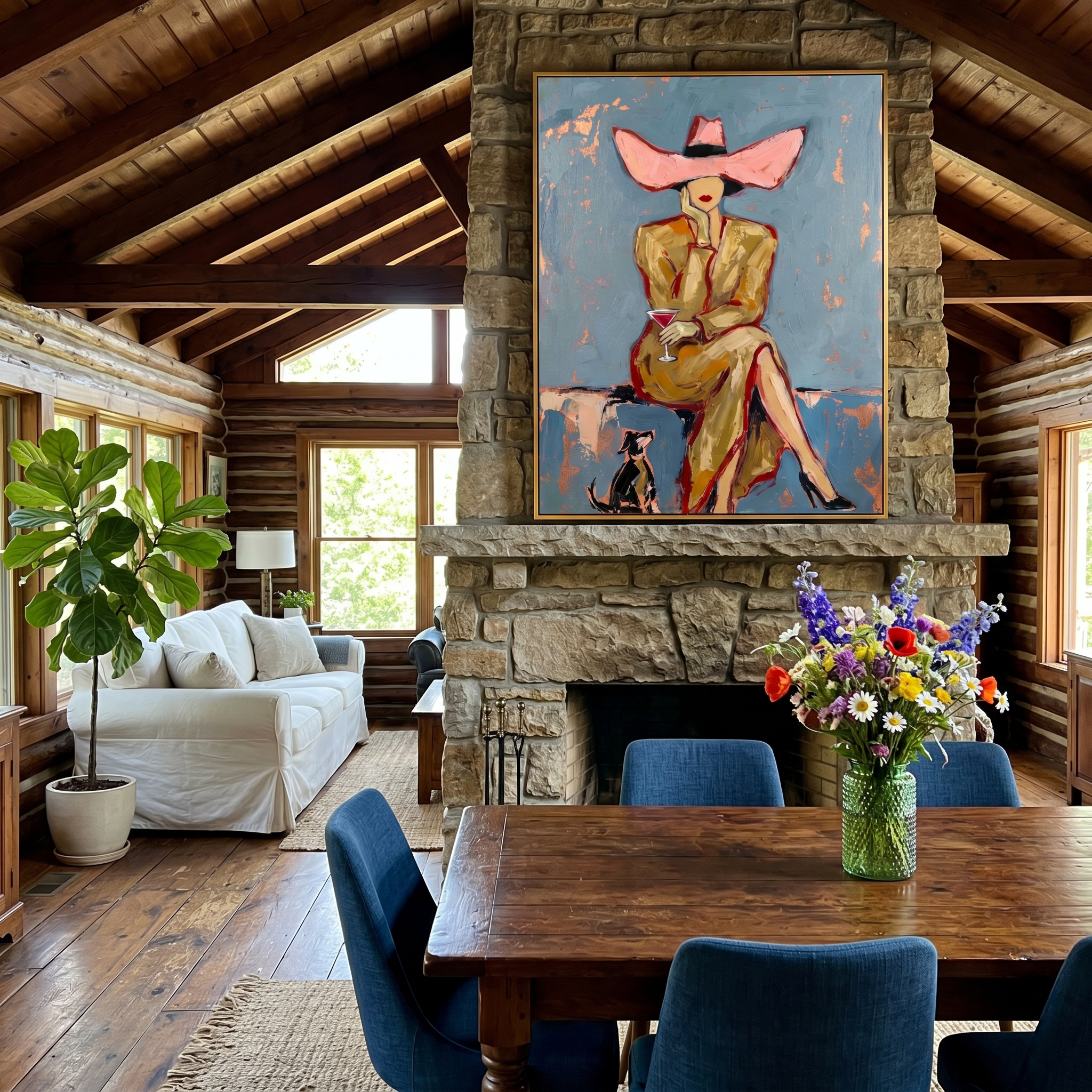 "Retro Elegance: Woman in Pink Hat" – Stylized Impasto Portrait | Sophisticated Neutral & Gold Accent Wall Decor | Contemporary Vertical Statement Piece #PE 507