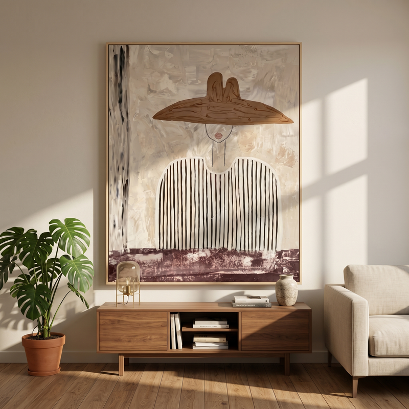 "Neutral Elegance with the Wide Brim" – Expressive Sculptural Art | 3D Layered Taupe & Plum Canvas | Luxury Vertical Wall Art #PE 512